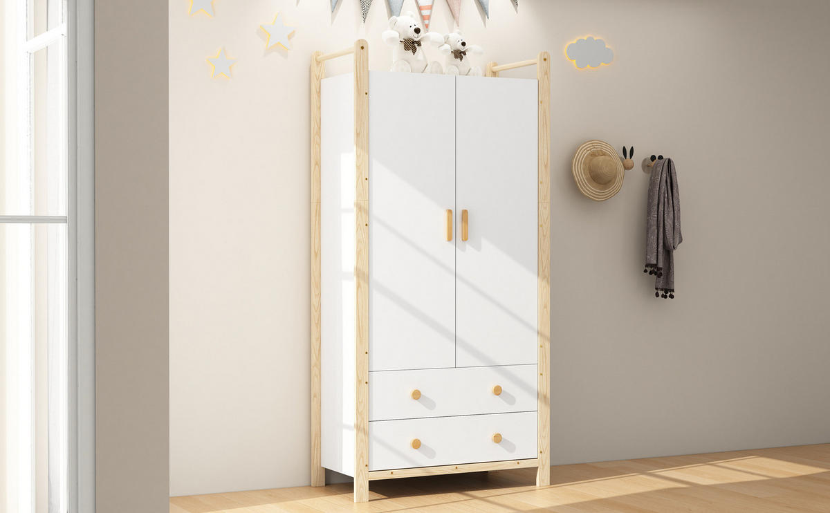 KLEIDERSCHRANK 2-türig 89,6/44/180,5 cm mit 2 Schubladen in Weiß/Kiefer - Weiß, Holzwerkstoff (89.6/180.5/44cm) - BEAOK