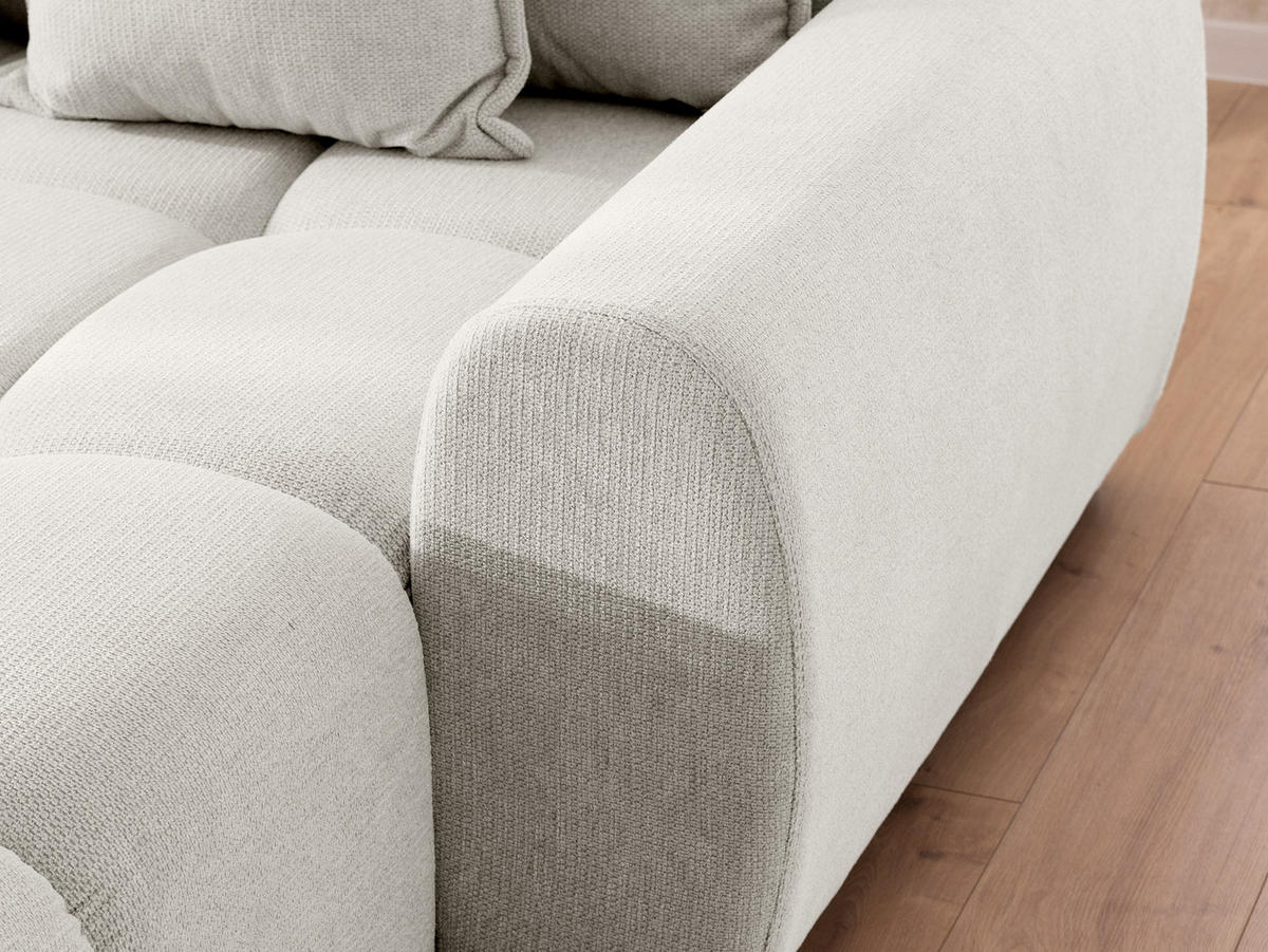 ECKSOFA Bubble mit losen Rückenkissen und Sitzfläche in Bubble-Optik aus weichem Creme Strukturstoff mit schöner Sitzkomfort - Ottomane rechts - Creme/Schwarz, Holz/Kunststoff (306/180cm) - S-Style Möbel