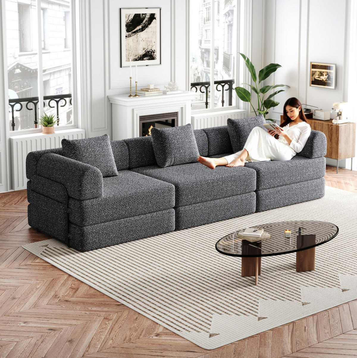 SCHLAFSOFA 2-in-1 in Grau – klappbar mit Armlehnen-Staufach und Chenillebezug - Grau, Textil (274/69.8/91.4cm) - BEAOK