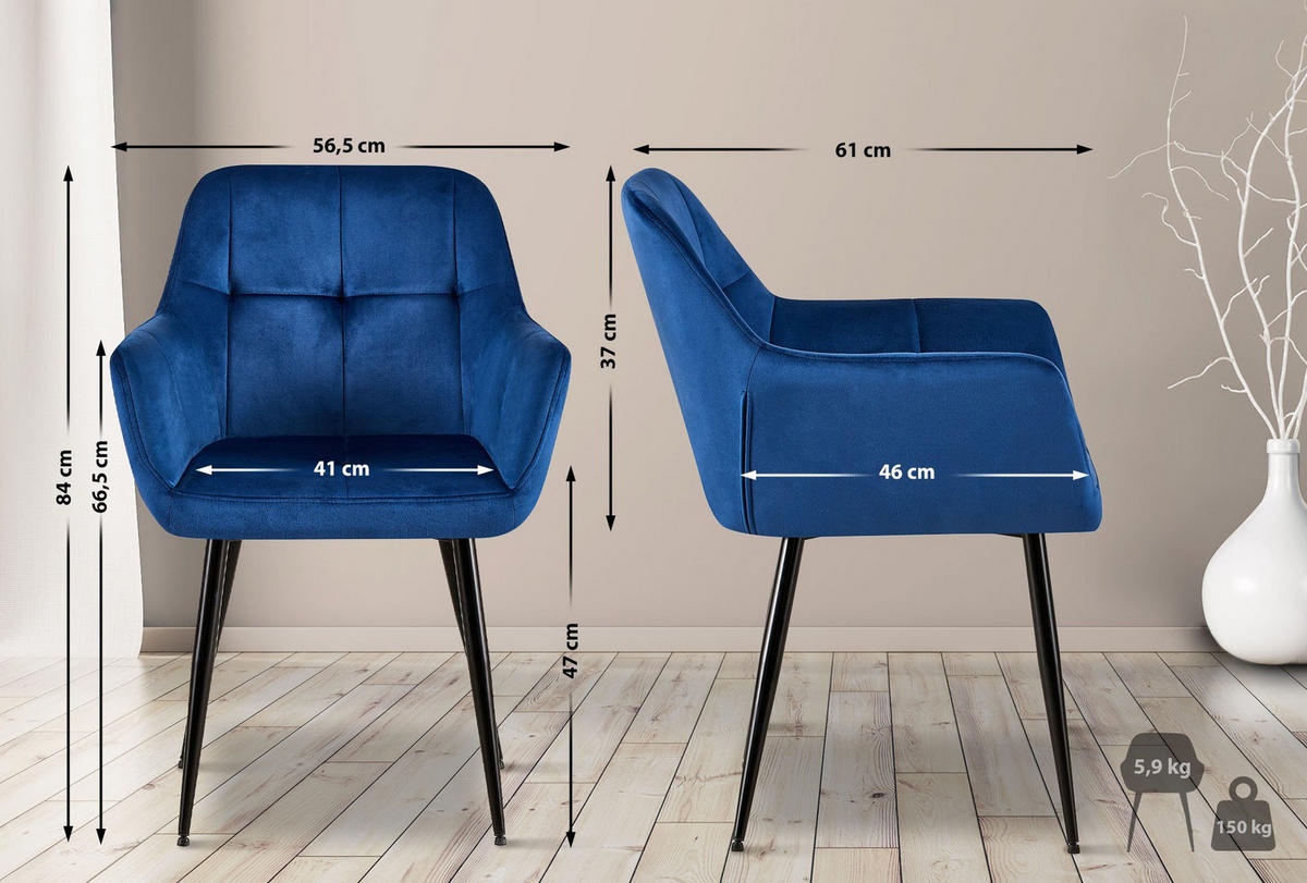 ARMLEHNENSTUHL 4er Set Samt Blau - Blau/Schwarz, Textil/Metall (56.5/84/61cm) - CLP