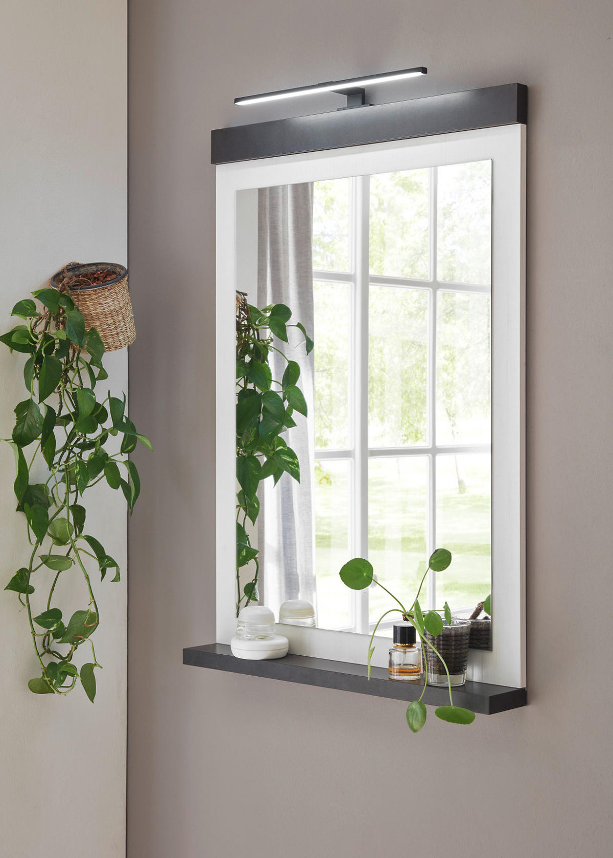 BADSPIEGEL weiß Pinie, anthrazit Landhaus, Wandspiegel mit Ablage 56 cm - Anthrazit/Weiß, Holzwerkstoff (56/95/10cm) - Furn.Design
