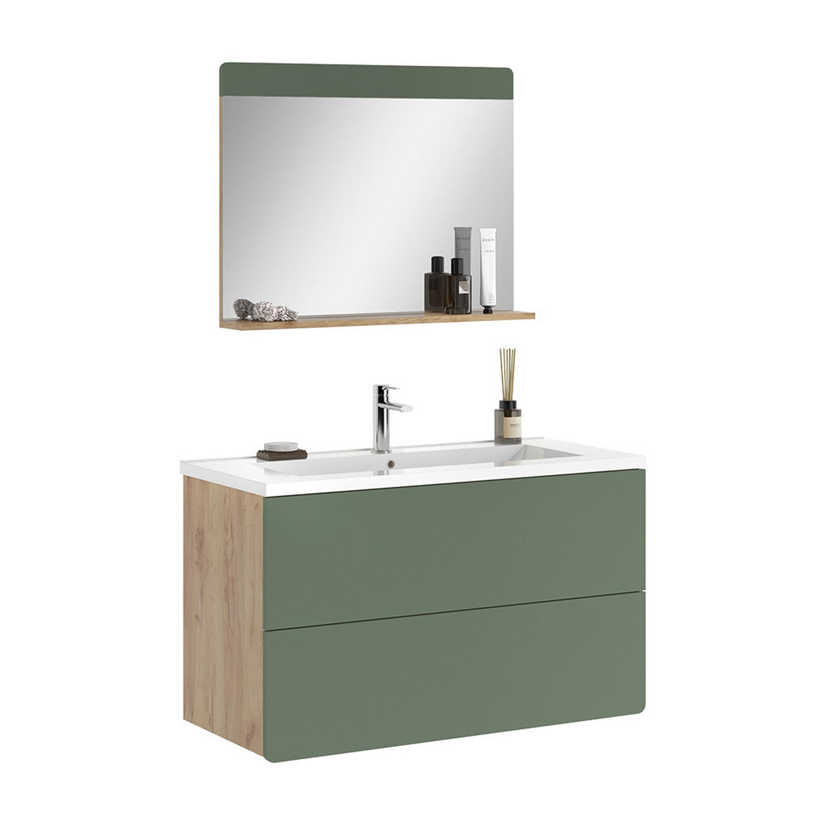 BADMÖBEL-SET Izan, Grün/Goldkraft Eiche, 3-teilig - Honigeiche/Grün, Holzwerkstoff (100/57.8/44.6cm) - Vicco