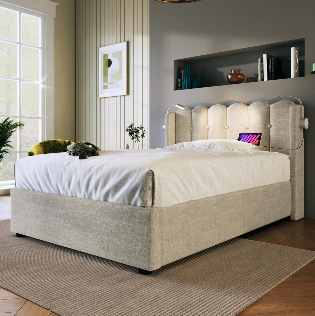 BETT mit Stauraum, USB und Leselicht 90x200 cm Leinen Natur - Beige, Metall (90/200cm) - Meubliv