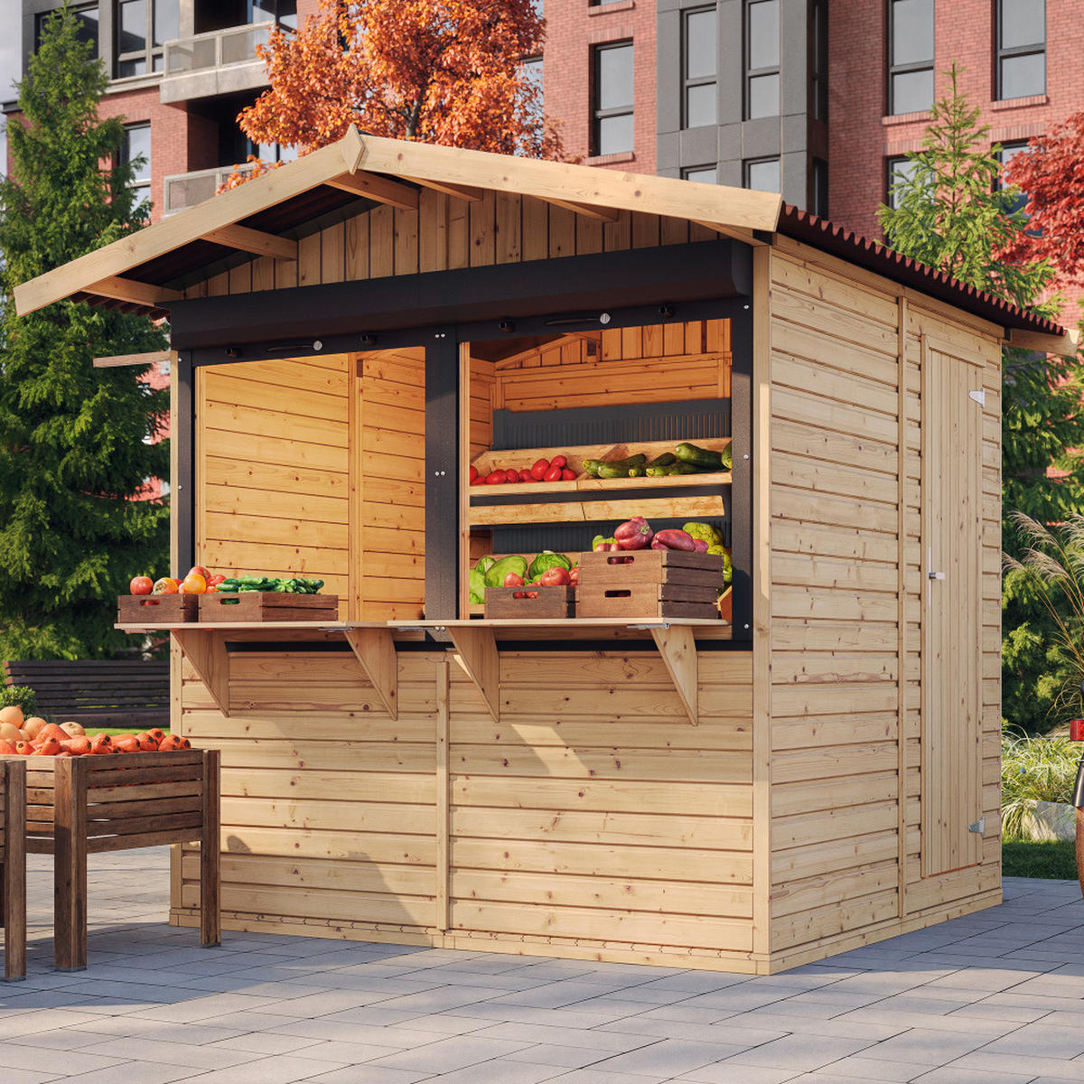 MARKTBUDE Holz M149Z Gartenhaus - 253x263/4m2 - Beige, Holz (253/232/263cm) - Timbela
