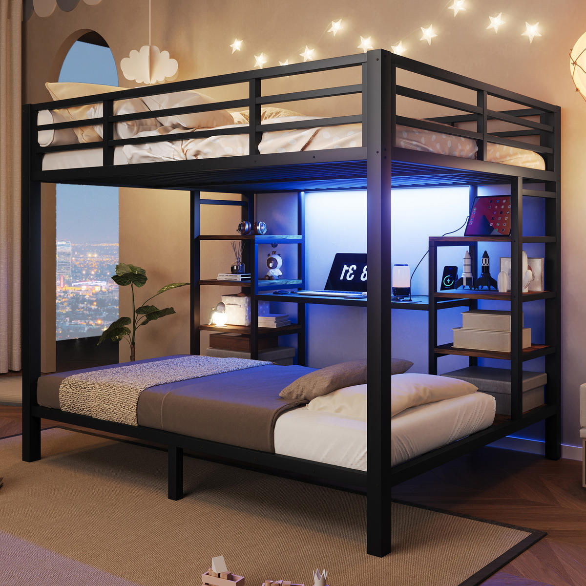 ETAGENBETT 90/200 cm + 140/200 cm Schwarz, Metallgestell mit Stauraum und LED-Beleuchtung - Schwarz, Metall