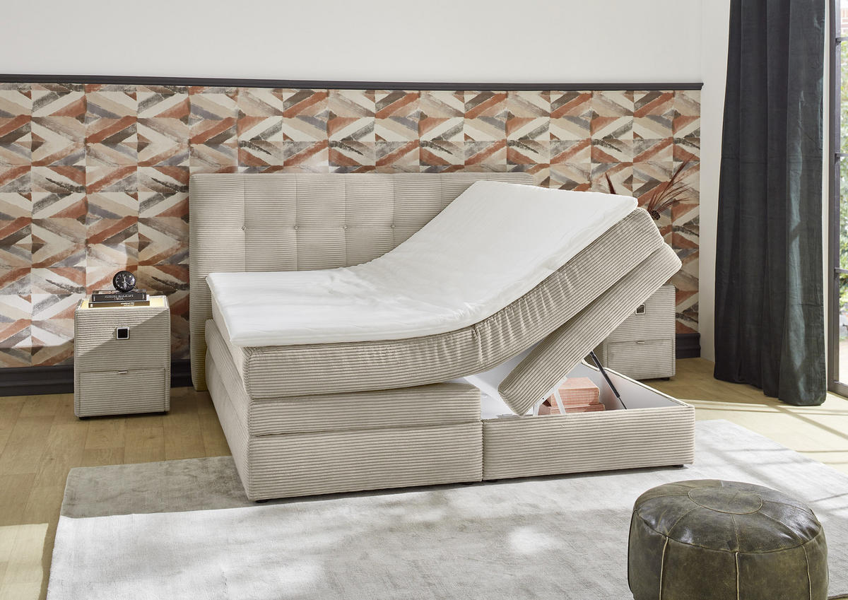 BOXSPRINGBETT 180x200 cm, 7-Zonen-Tonnentaschen-Federkernmatratzen H3, Topper, Bonell-Federkern, 2 Bettkästen, Cord Beige Grau / 20039 - Greige/Beige, Kunststoff/Textil (180/200cm) - luma-home