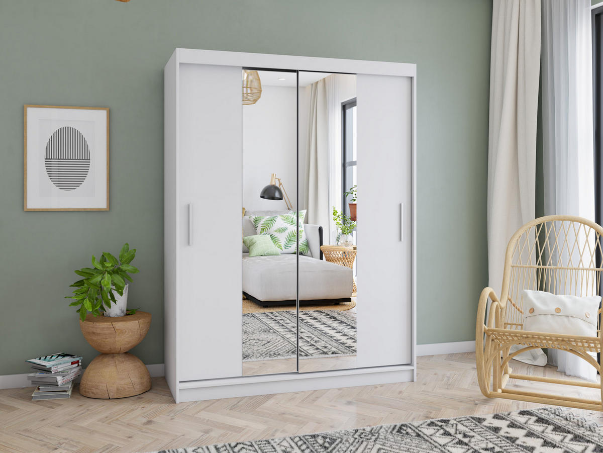 SCHWEBETÜRENSCHRANK Vista 01 Weiß/Weiß + Spiegel, ohne LED Beleuchtung 150 cm - Alufarben/Weiß, Glas/Holzwerkstoff (150/200/61cm) - imoebel24