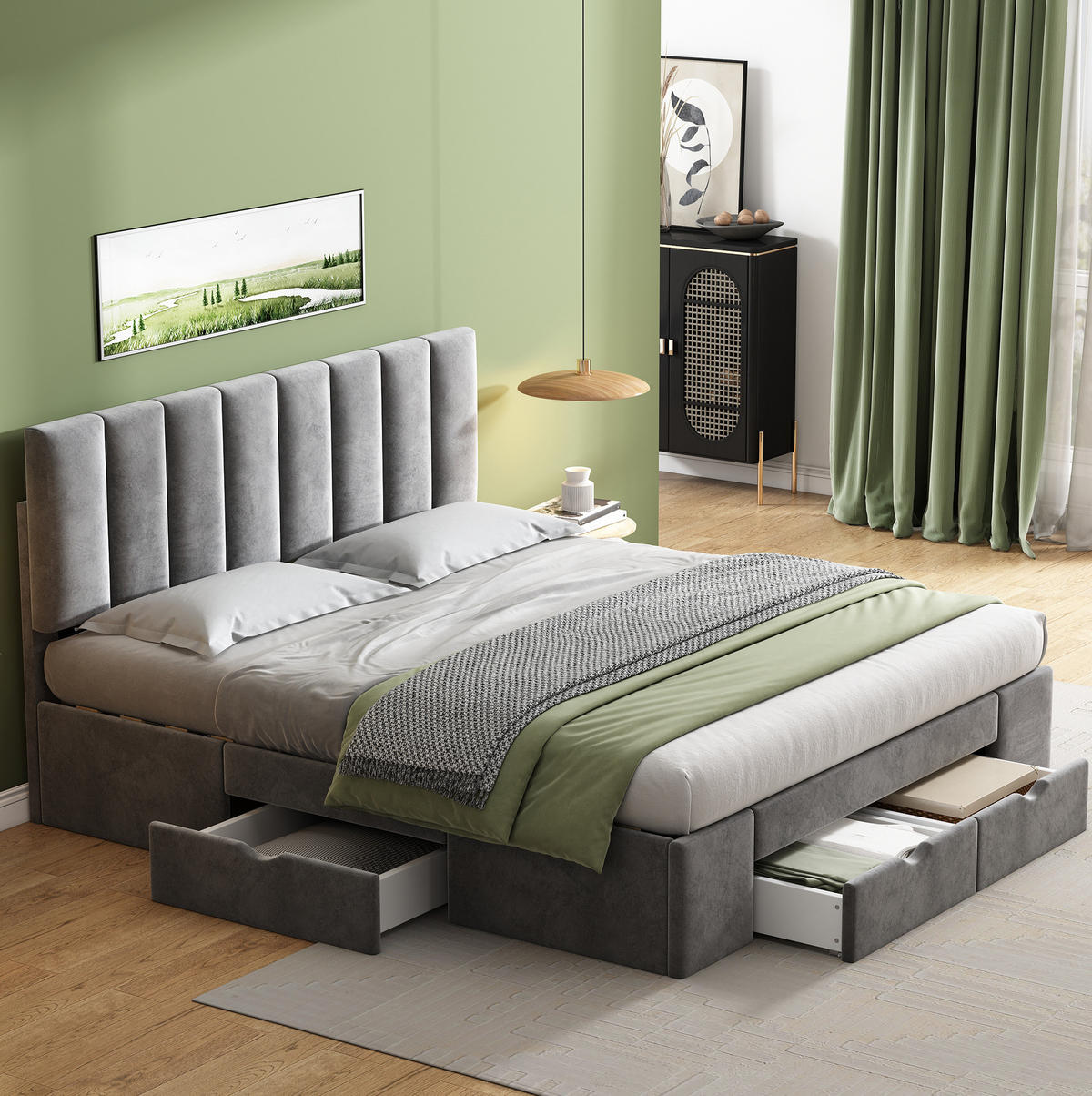 POLSTERBETT 160/200 cm grau aus Samt mit 4 Schubladen - Grau, Textil (160/200cm) - OKMYHOME