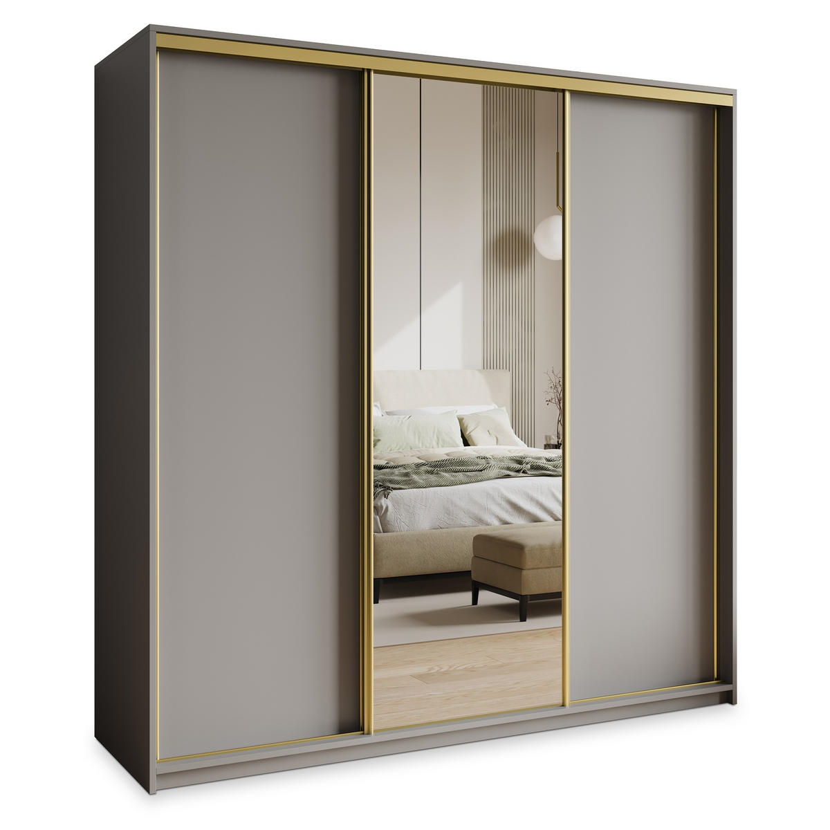 SCHWEBETÜRENSCHRANK TAVI 180/205/60 cm 3-türig mit Spiegel und Schubladen Graphitfarben - Goldfarben/Graphitfarben, Holzwerkstoff (180/205/60cm) - MASSENO