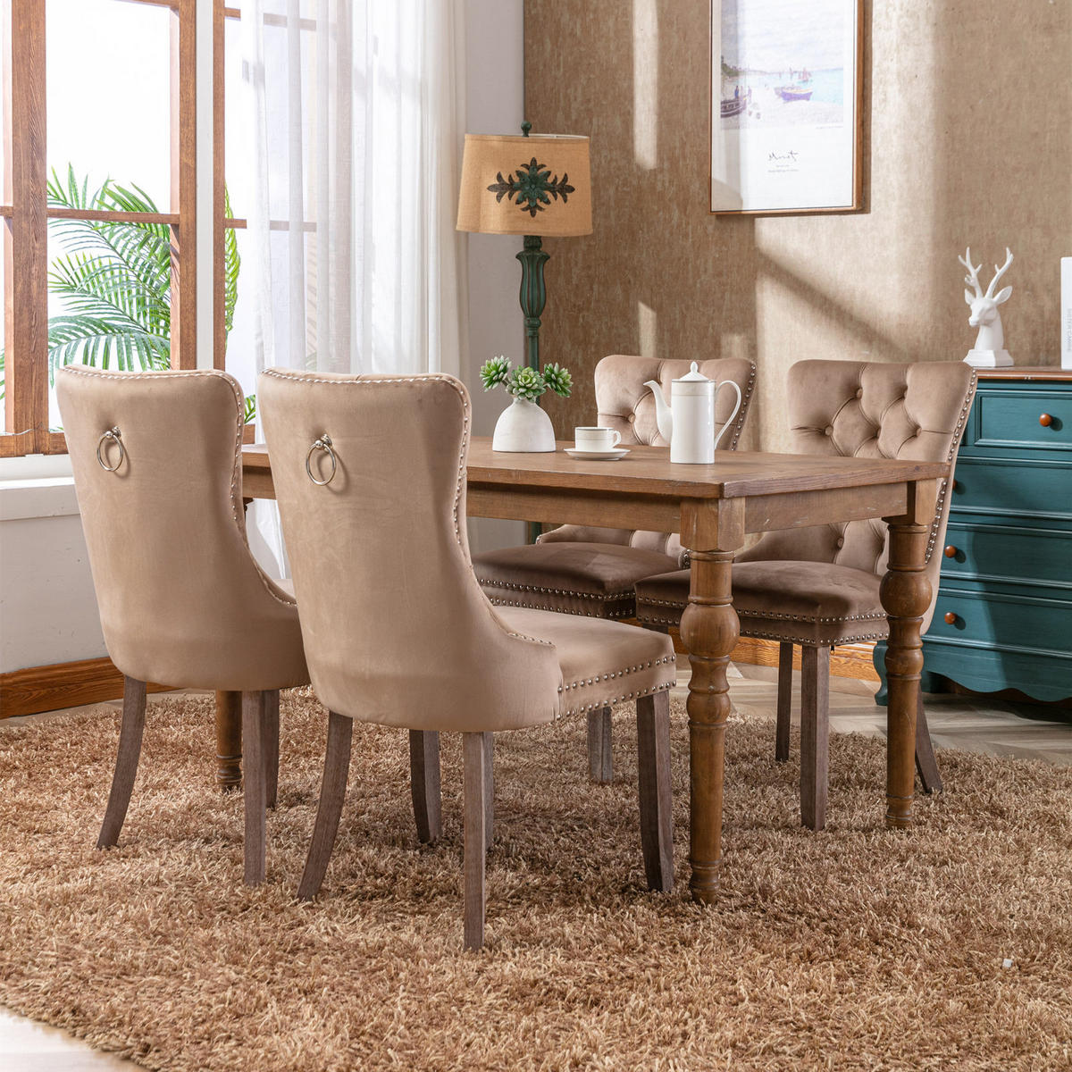 ESSZIMMERSTUHL 2er-Set aus Samt mit Nagelkopfbesatz, Khaki - Sandfarben, Textil (65/95/50cm)