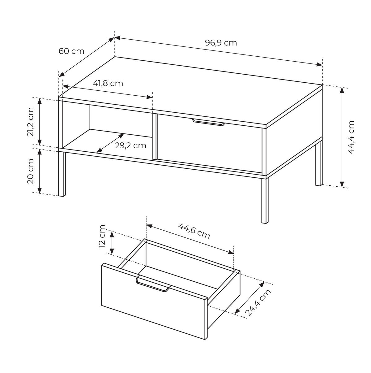 COUCHTISCH Catanian 1S Grau 96,9/44,4/60 cm – mit goldenen Griffen und schwarzen Beinen - Schwarz/Grau, Holzwerkstoff/Metall (60/96.9/44.4cm) - AX Living