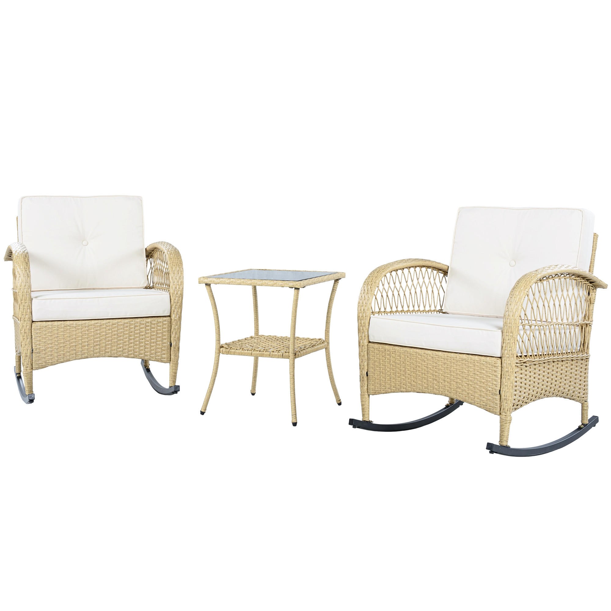 GARTENSETS aus Rattan 3-teilig Beige mit Schaukelstühlen & Glastisch - Beige, Metall - Modfu