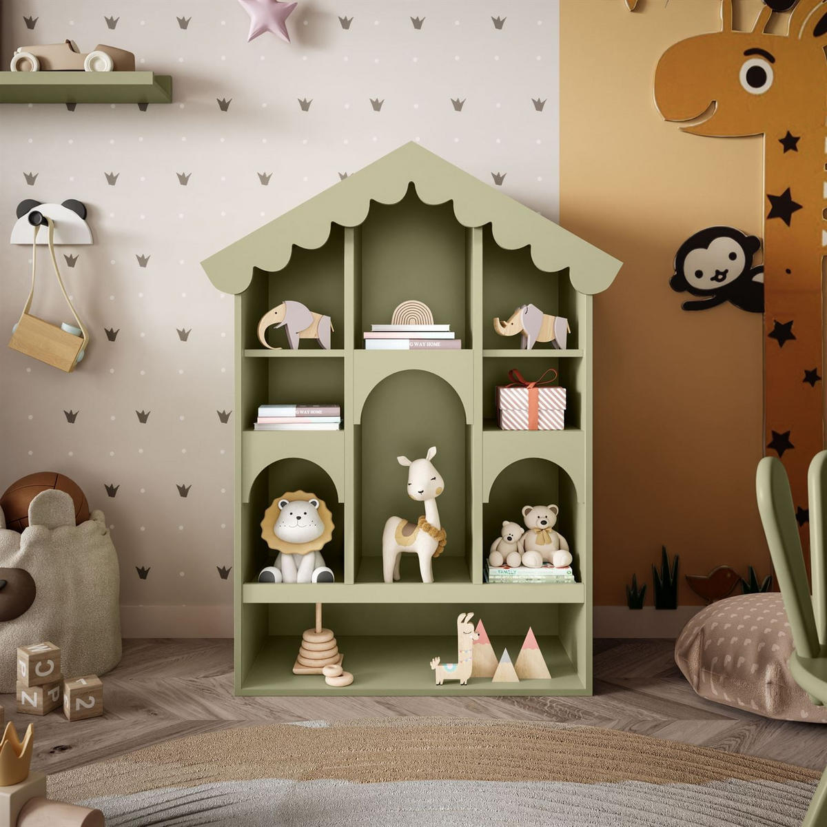 BABYREGAL BABUSHKA – Puppenhaus-Design, Olivgrün - Olivgrün, Holzwerkstoff (90/119/39cm)