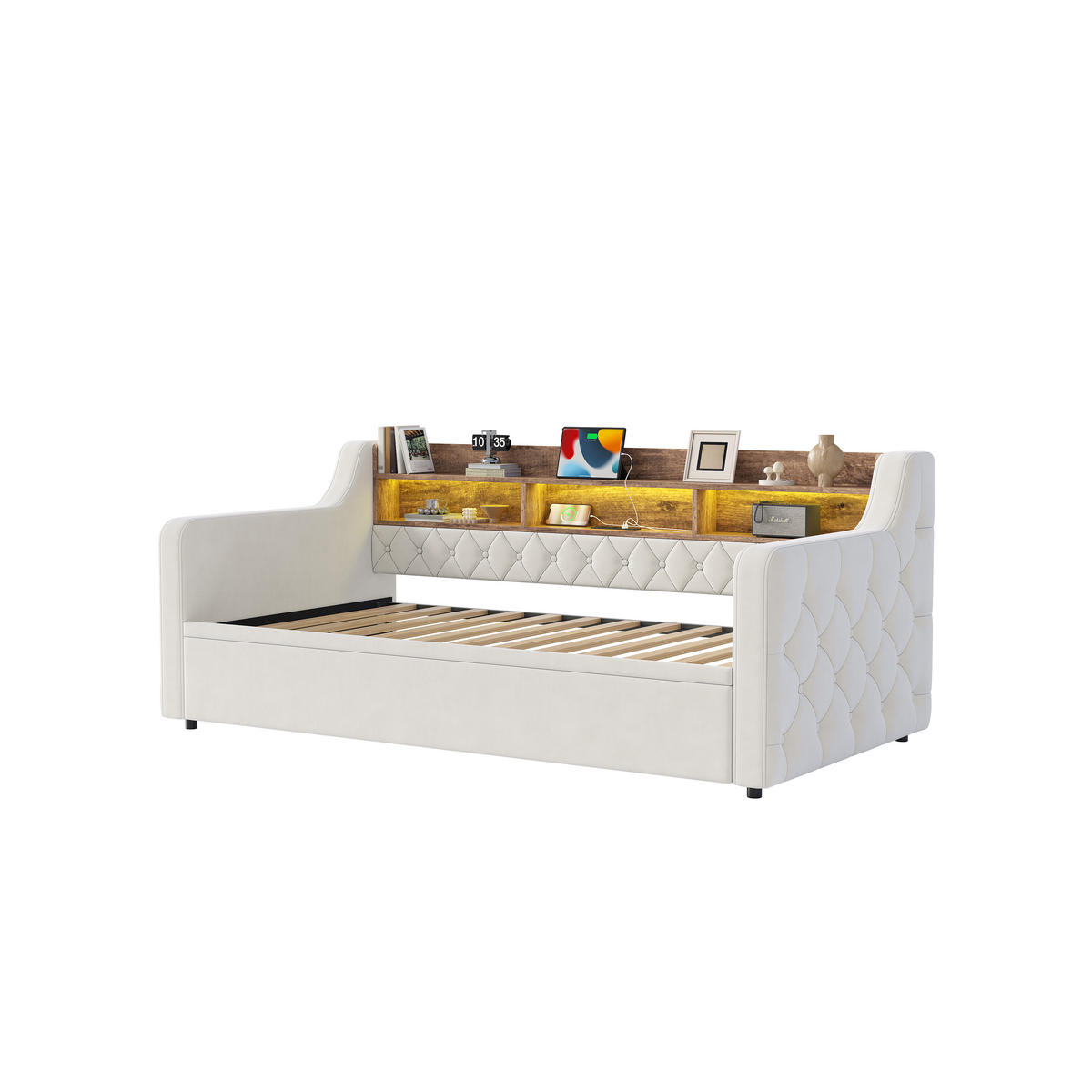 AUSZIEHBETT 90/190 cm DE-32937 mit LED Beige - Beige, Metall (90/190cm) - ComfortXL