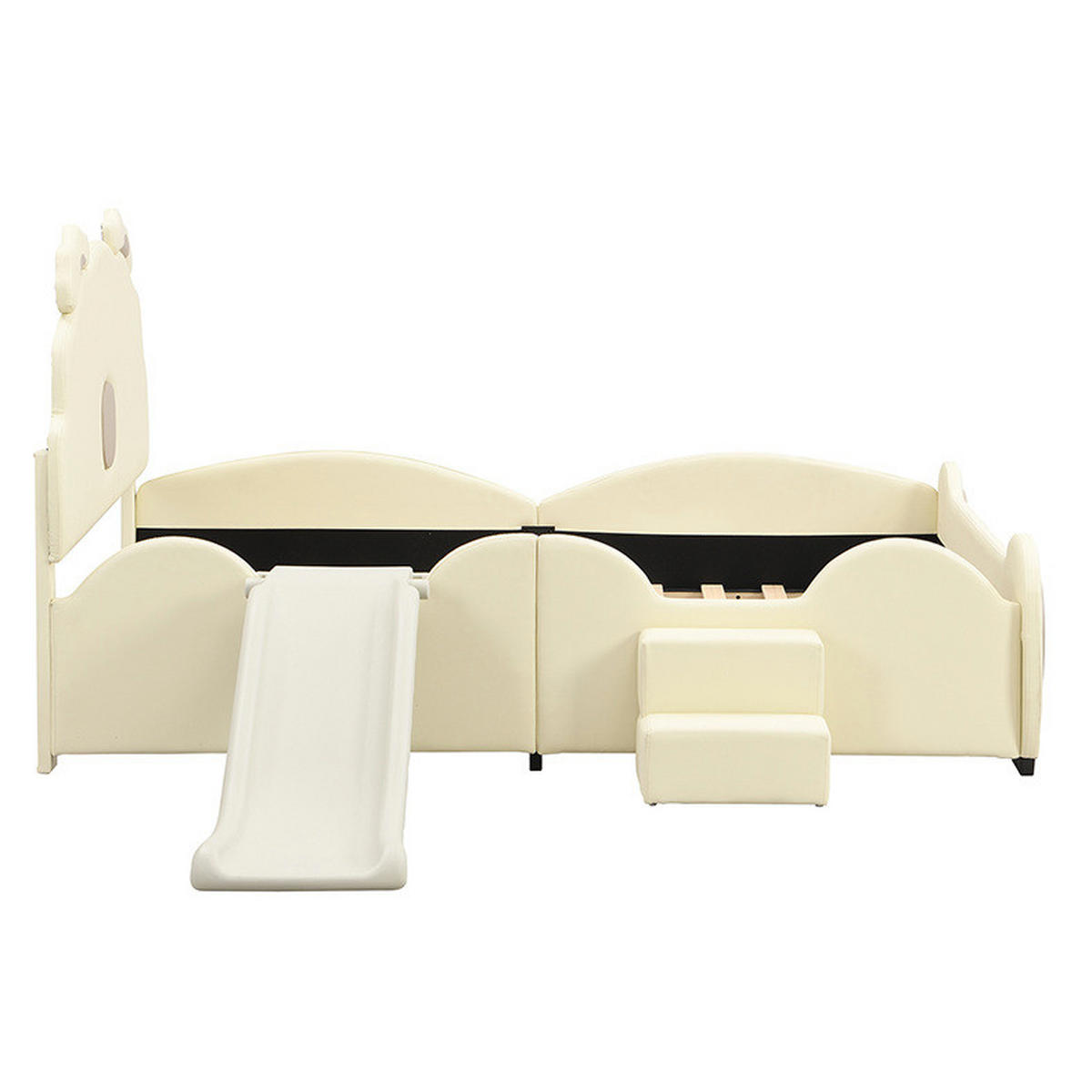 KINDERBETT 140/200 cm mit Rutsche und Leiter im Cartoon-Bärendesign aus PU, Beige - Beige, Kunststoff (140/200cm) - Redom