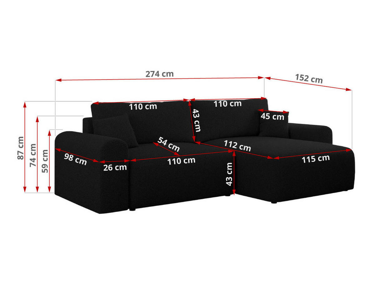 ECKSOFA NELSON Schwarz Boucle - Schwarz, Kunststoff/Textil (274/152cm) - MKS