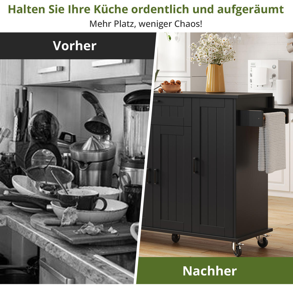 KÜCHENINSEL 120/95/45(70) cm Schwarz aus MDF mit klappbarer Arbeitsplatte - Schwarz, Holzwerkstoff (70/95/120cm) - OKMYHOME