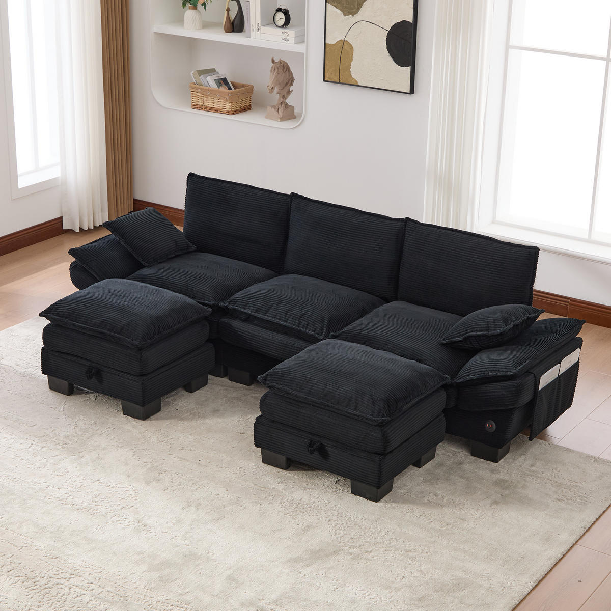 WOHNLANDSCHAFT Cord Schwarz mit USB-C, Seitentaschen und mit 2 Hocker - Schwarz, Holzwerkstoff/Kunststoff (260/84/132cm) - WISHDOR