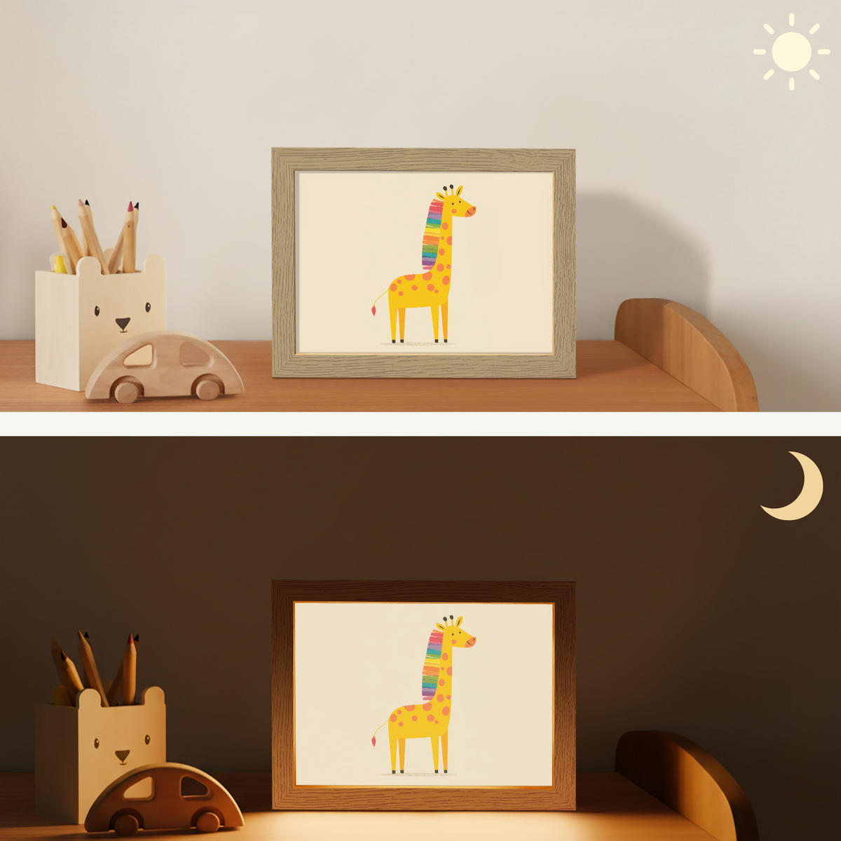 NACHTTISCHLAMPE Giraffe - Regenbogenmähne - Beige 20x15 cm - Beige, Holzwerkstoff (8/20/15cm)