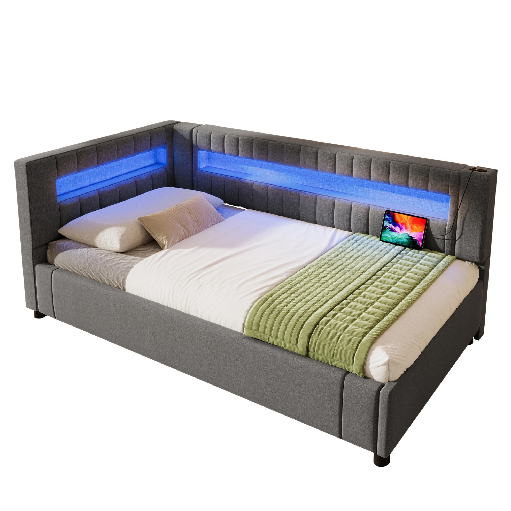 POLSTERBETT 90/200 cm Grau aus Leinen mit Stauraum, LED und USB-Anschlüssen - Grau, Textil (90/200cm) - Flora Grace