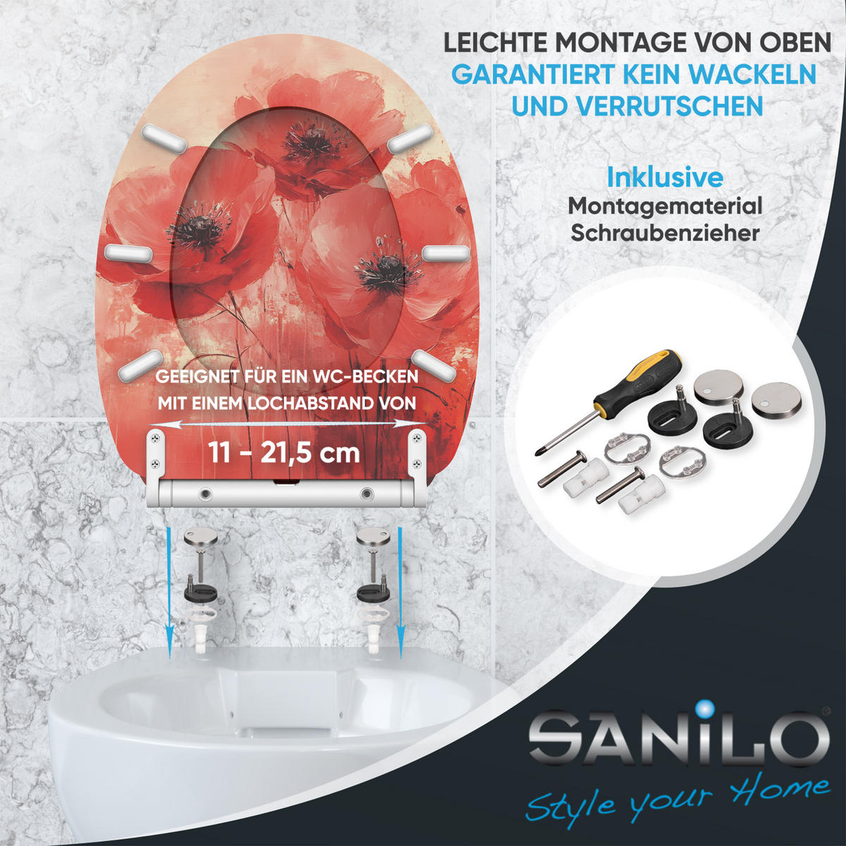 WC-SITZ mit Absenkautomatik & Top Fix Poppy - Rot, Holzwerkstoff (37.7/5.5/48cm) - Sanilo