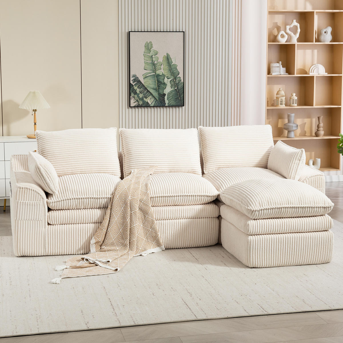 3-SITZER ECKSOFA Cord Beige mit Kissen und Hocker - Beige, Textil (263/167cm) - WISHDOR