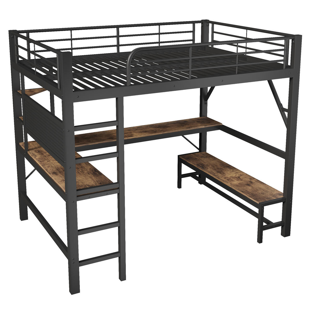 HOCHBETT aus Metall und MDF 160x200 cm Schwarz mit Schreibtisch, LED-Leiste und USB-Type-C-Anschluss - Schwarz, Metall (160/200cm) - Modfu