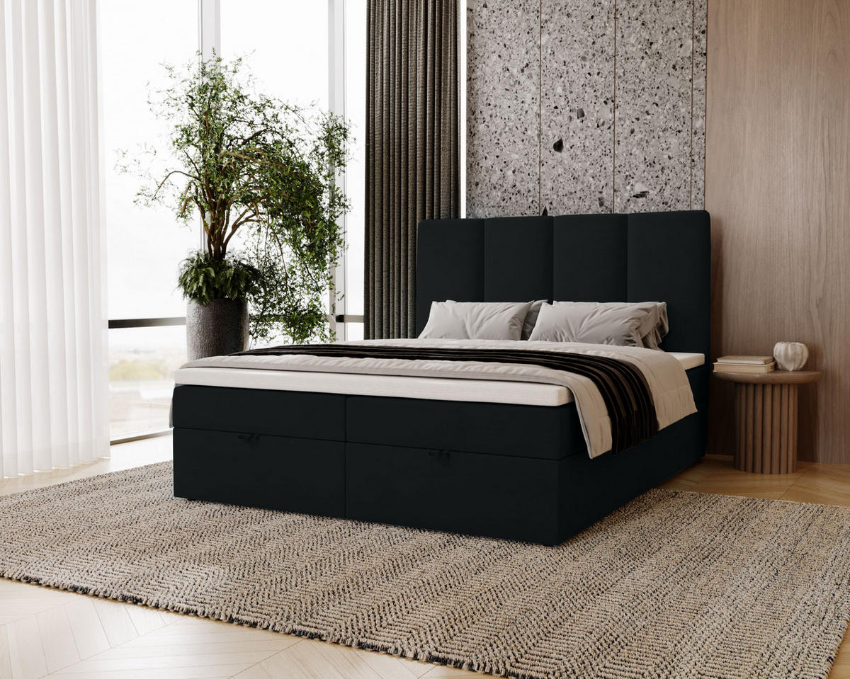 BOXBETT Malmo mit 2 Bettkästen, 200x200, Schwarz, Velourstoff, Doppelbett mit Bonell-Matratze - Schwarz, Holz/Kunststoff (200/200cm)