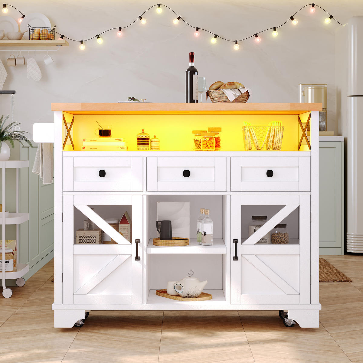 KÜCHENINSEL 120/71/98 cm Weiß mit LED-App Licht, 3 Schubladen, 2 Türen, Klapptisch und 360° Rollen - Weiß, Holz/Holzwerkstoff (120/98/71cm) - Oxeza