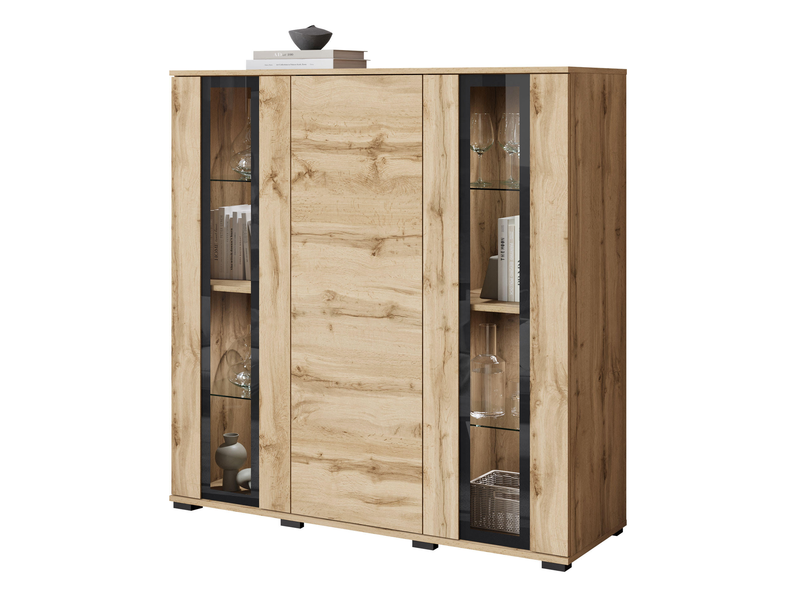 KOMMODE Caro HB 120 mit weißer LED Beleuchtung - Eiche Wotan/Schwarz, Holzwerkstoff/Kunststoff (120/122/40cm) - MIRJAN24