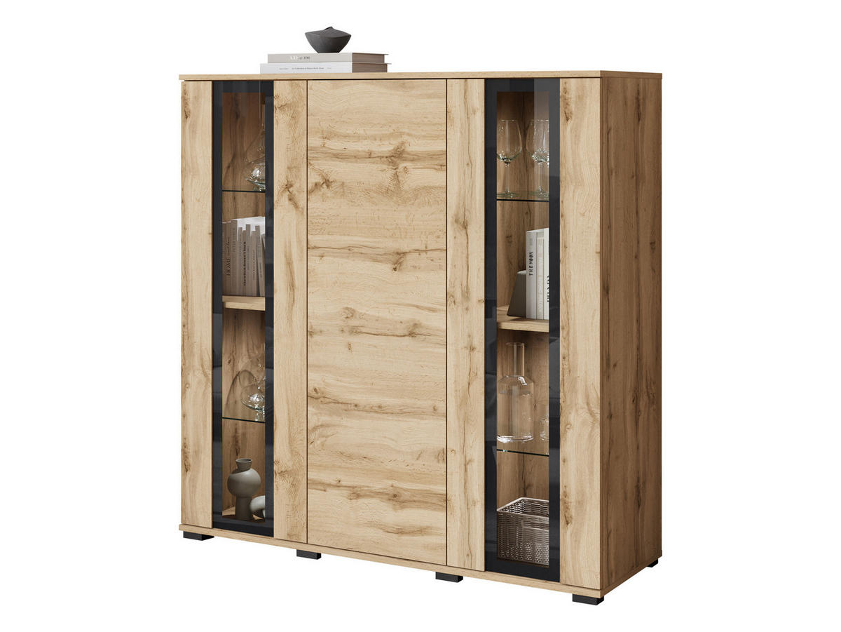 KOMMODE Caro HB 120 mit weißer LED Beleuchtung - Eiche Wotan/Schwarz, Holzwerkstoff/Kunststoff (120/122/40cm) - MIRJAN24