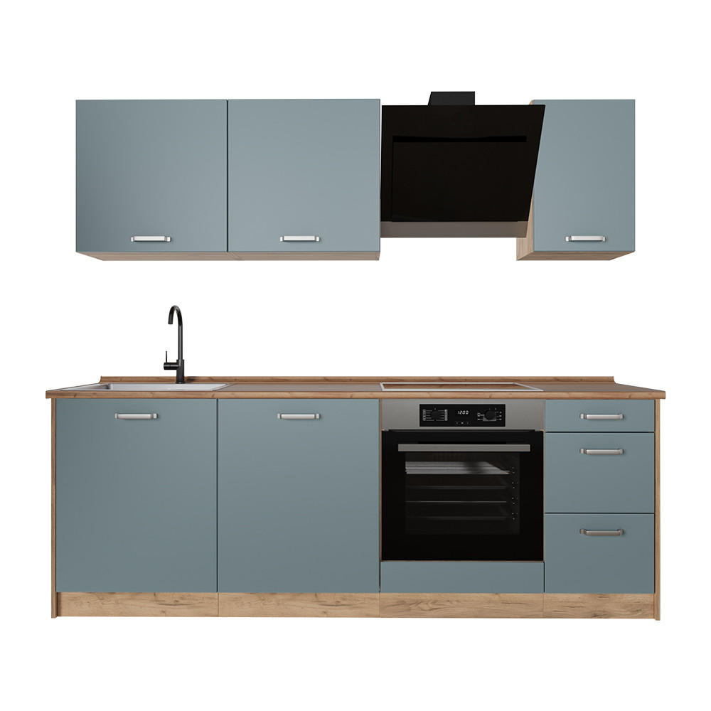 KÜCHENZEILE R-Line, Blau-Grau/Goldkraft Eiche, 220 cm Arbeitsplatte Goldkraft Eiche - Honigeiche/Blaugrau, Holzwerkstoff (220/81.6/60cm) - Vicco