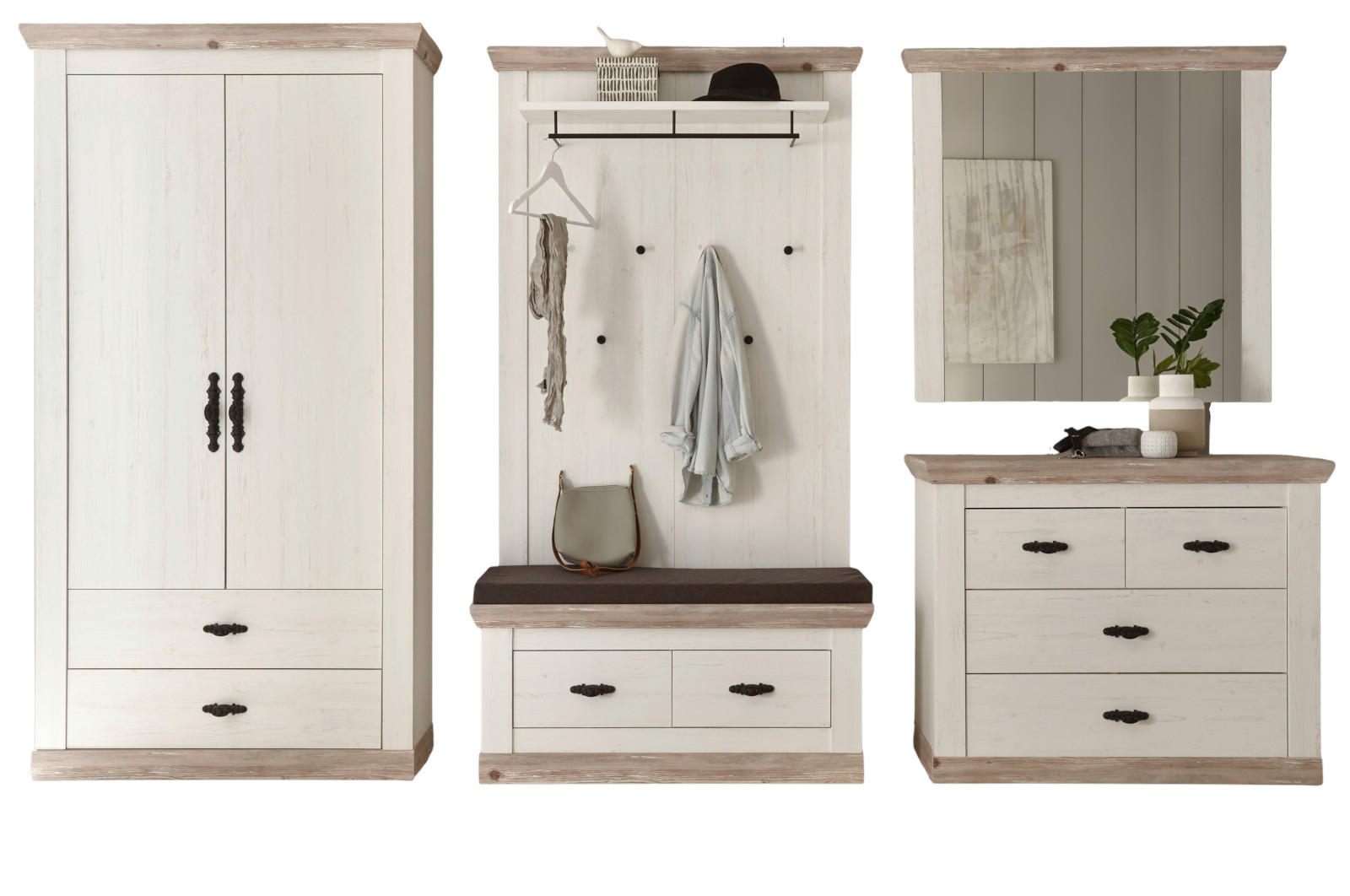 GARDEROBENKOMBINATION Pinie weiß, Oslo Pinie Landhaus, Garderobe Set 5-tlg., 341 x 201 cm - Anthrazit/Weiß, Holzwerkstoff/Metall (341/201/45cm) - Furn.Design
