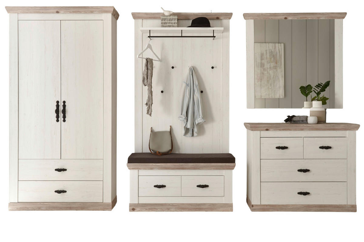 GARDEROBENKOMBINATION Pinie weiß, Oslo Pinie Landhaus, Garderobe Set 5-tlg., 341 x 201 cm - Anthrazit/Weiß, Holzwerkstoff/Metall (341/201/45cm) - Furn.Design