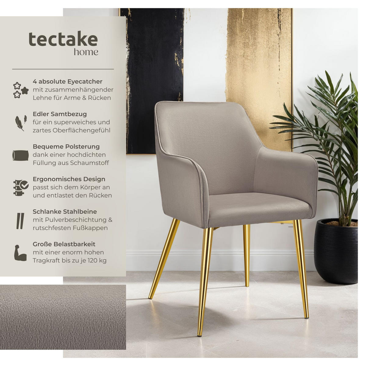 ARMLEHNSTUHL Avane ,55 x 63,5 x 86,5 cm,taupe - Taupe, Textil (55/86.5/63.5cm) - tectake