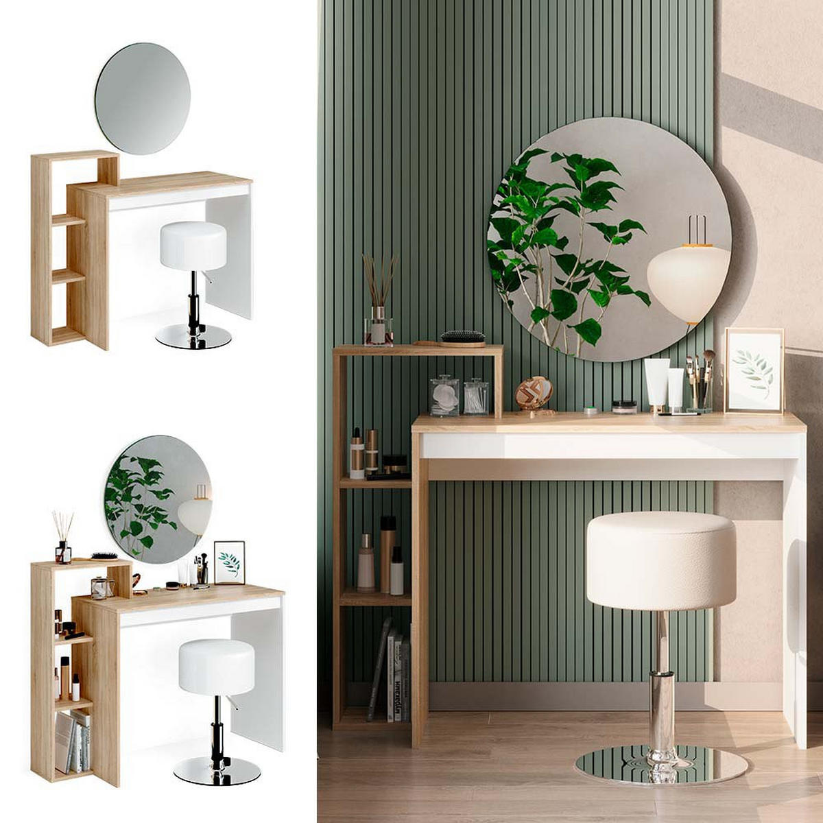 SCHMINKTISCH Leo Sonoma 100 cm mit Spiegel und Hocker - Sonoma Eiche, Holzwerkstoff (100/90/40cm) - Vicco