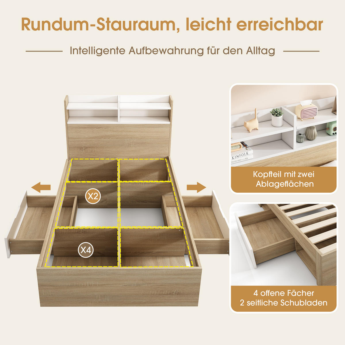 EINZELBETT 90/200 cm mit Kopfteil-Ablage, 2 Schubladen und offenen Fächern aus Holz, Weiß/Eiche - Weiß, Holzwerkstoff (90/200cm) - Redom