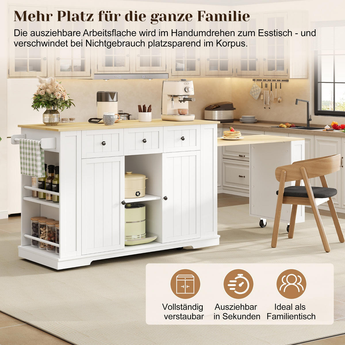 KÜCHENINSEL 138/55/93 cm Weiß mit 3 Schubladen, ausziehbarem Esstisch und 7 Rädern - Weiß, Holz/Holzwerkstoff (55/93/138cm) - Oxeza