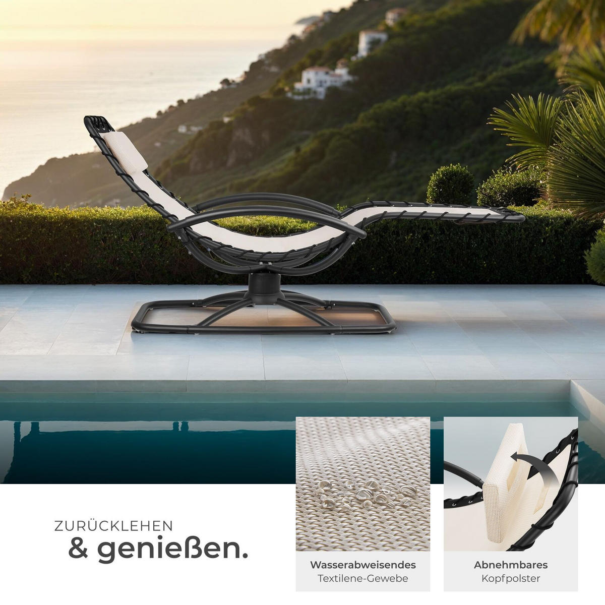 GARTENLIEGE 2er Set Toulon, Schwingfunktion, Kopfpolster, 77 x 170 x 83 cm, beige - Beige, Textil (77/83/170cm) - tectake