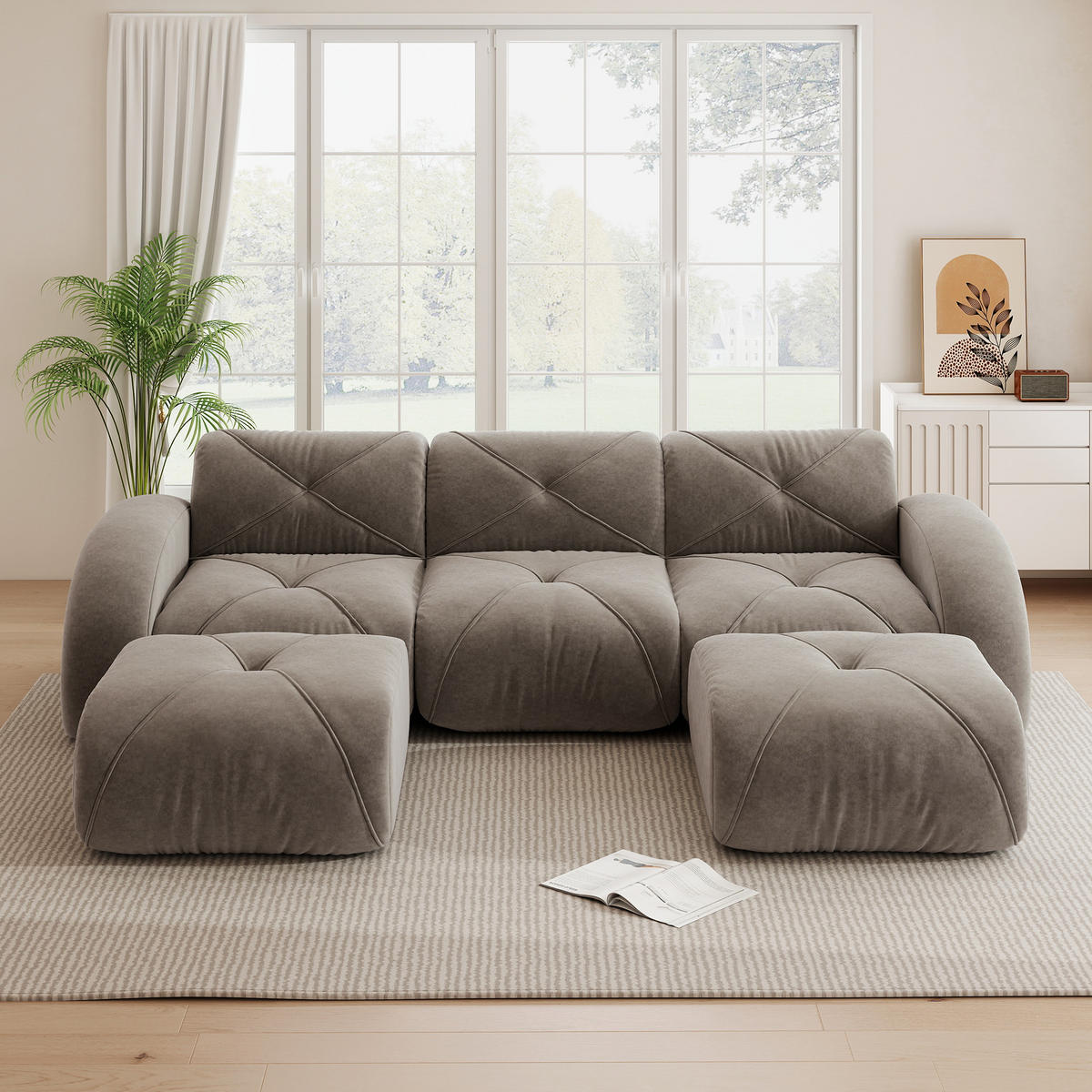 WOHNLANDSCHAFT Chenille Taupe mit 2 Hocker - Braun, Textil (281/76/171cm) - WISHDOR