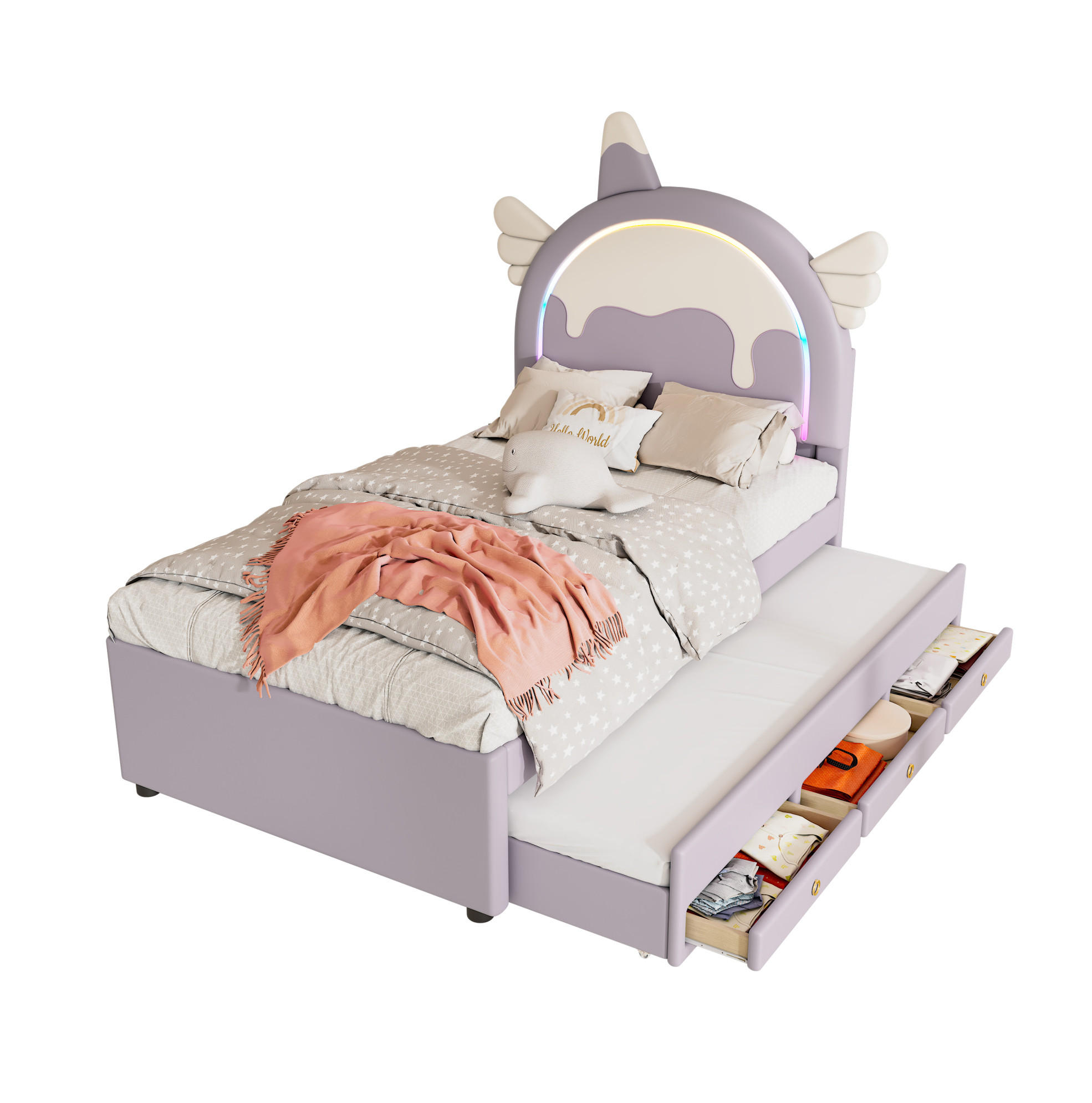 KINDERBETT Einhornform 90/200 cm Violett mit ausziehbarem Rollbett - Violett, Textil (90/200cm) - MIVRAY