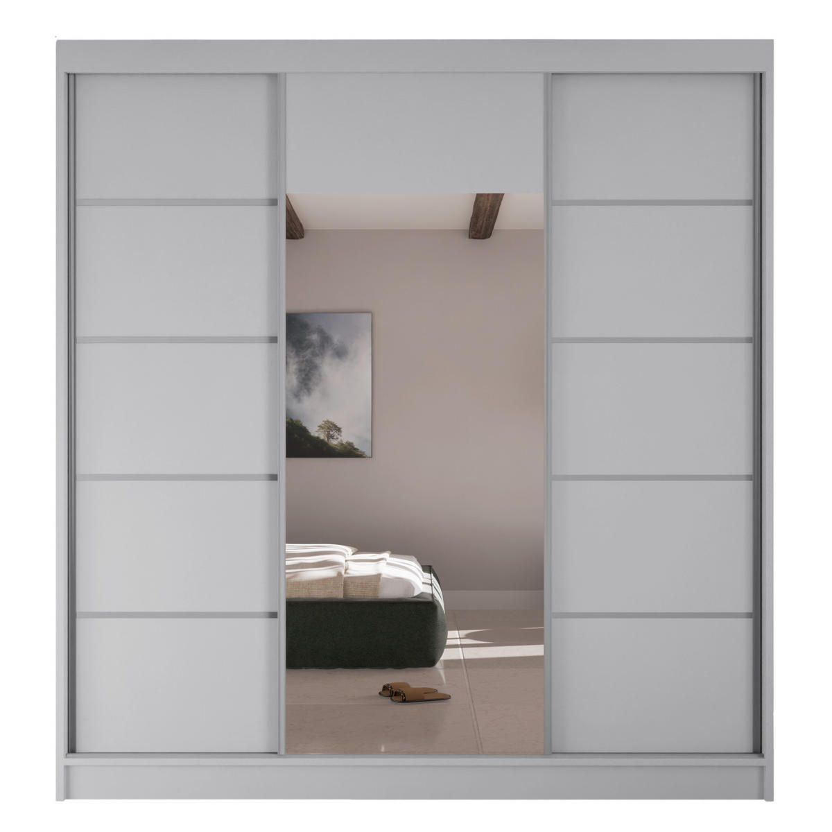 SCHWEBETÜRENSCHRANK Moni mit Spiegel und Zierleisten, 215x200x61cm, Weiß+Silber - Silberfarben/Weiß, Holzwerkstoff (200/215/61cm) - AN-Moebel 4u