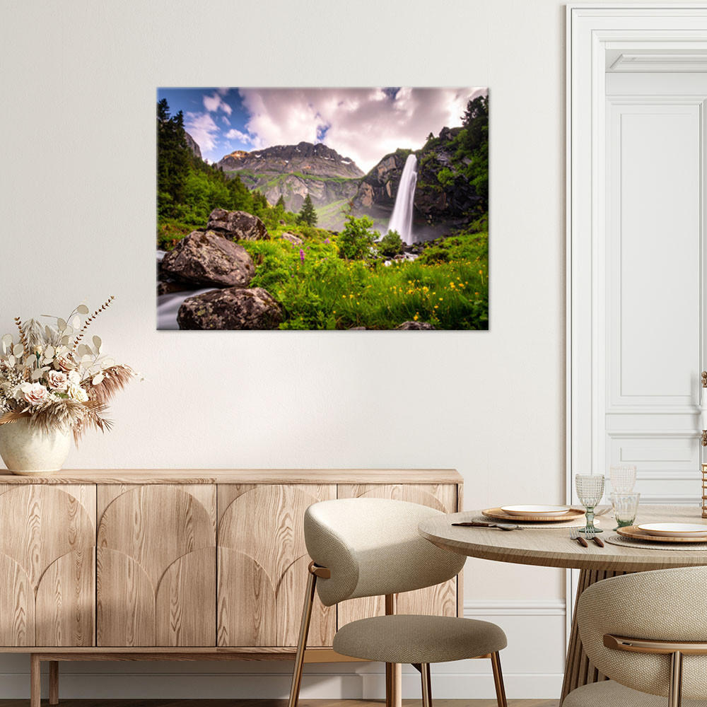 LEINWANDBILD Landschaft Wasserfall Berge Natur 90x60cm - Grün, Textil (90/60cm) - Feeby