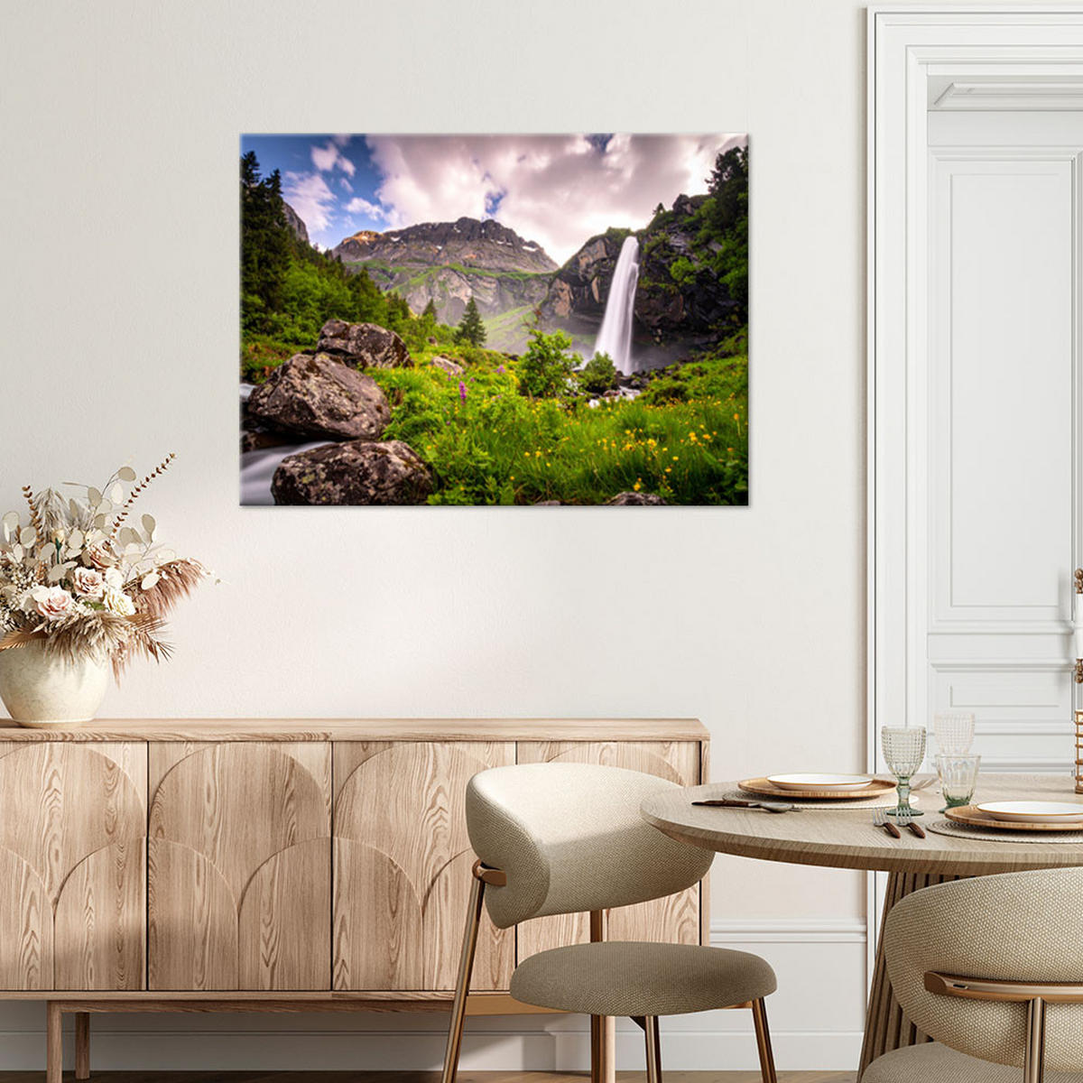 LEINWANDBILD Landschaft Wasserfall Berge Natur 90x60cm - Grün, Textil (90/60cm) - Feeby