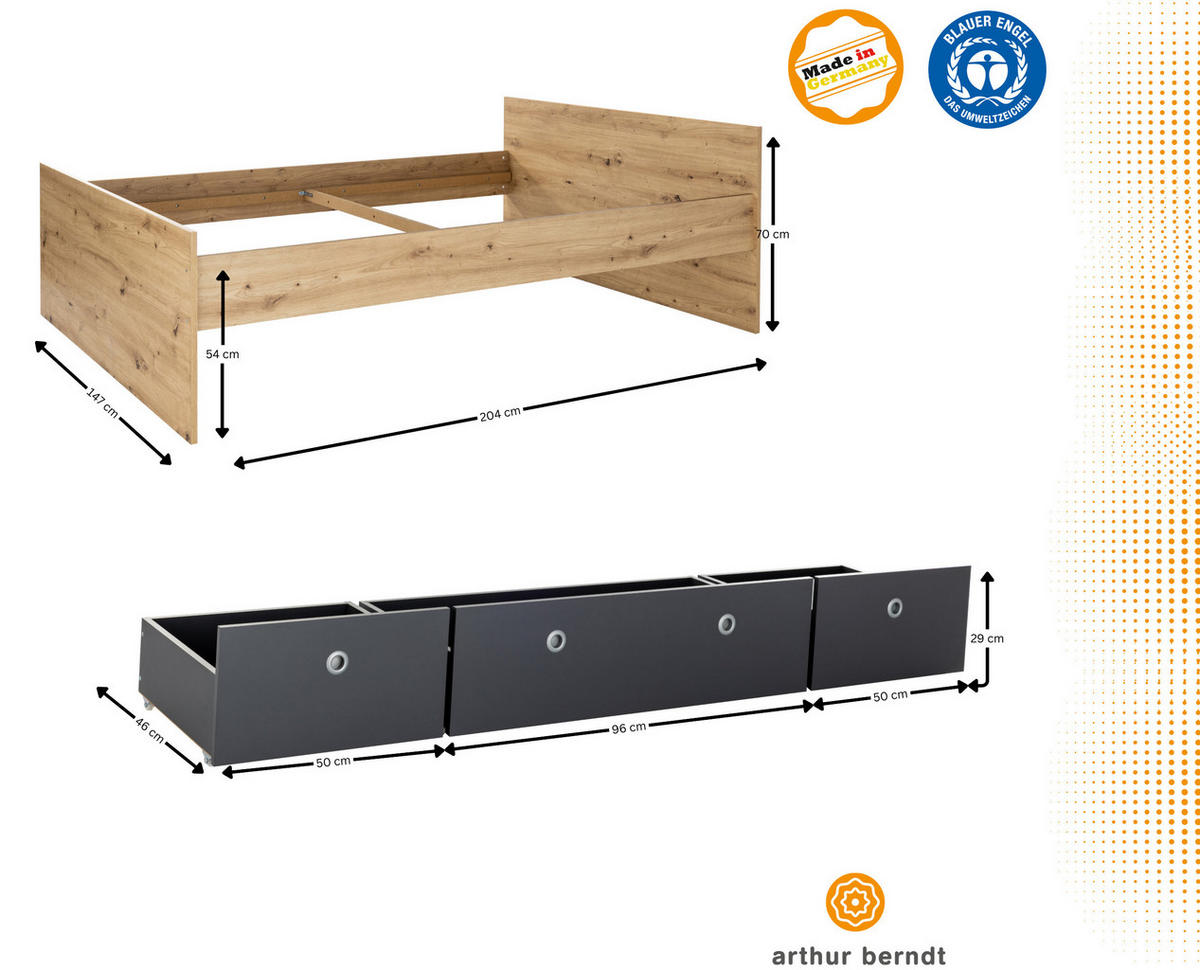 JUGENDZIMMER SET 3-tlg. Bett Kleiderschrank Bettkästen - Anthrazit/Silberfarben, Holzwerkstoff/Kunststoff (140/1/200cm) - arthur berndt