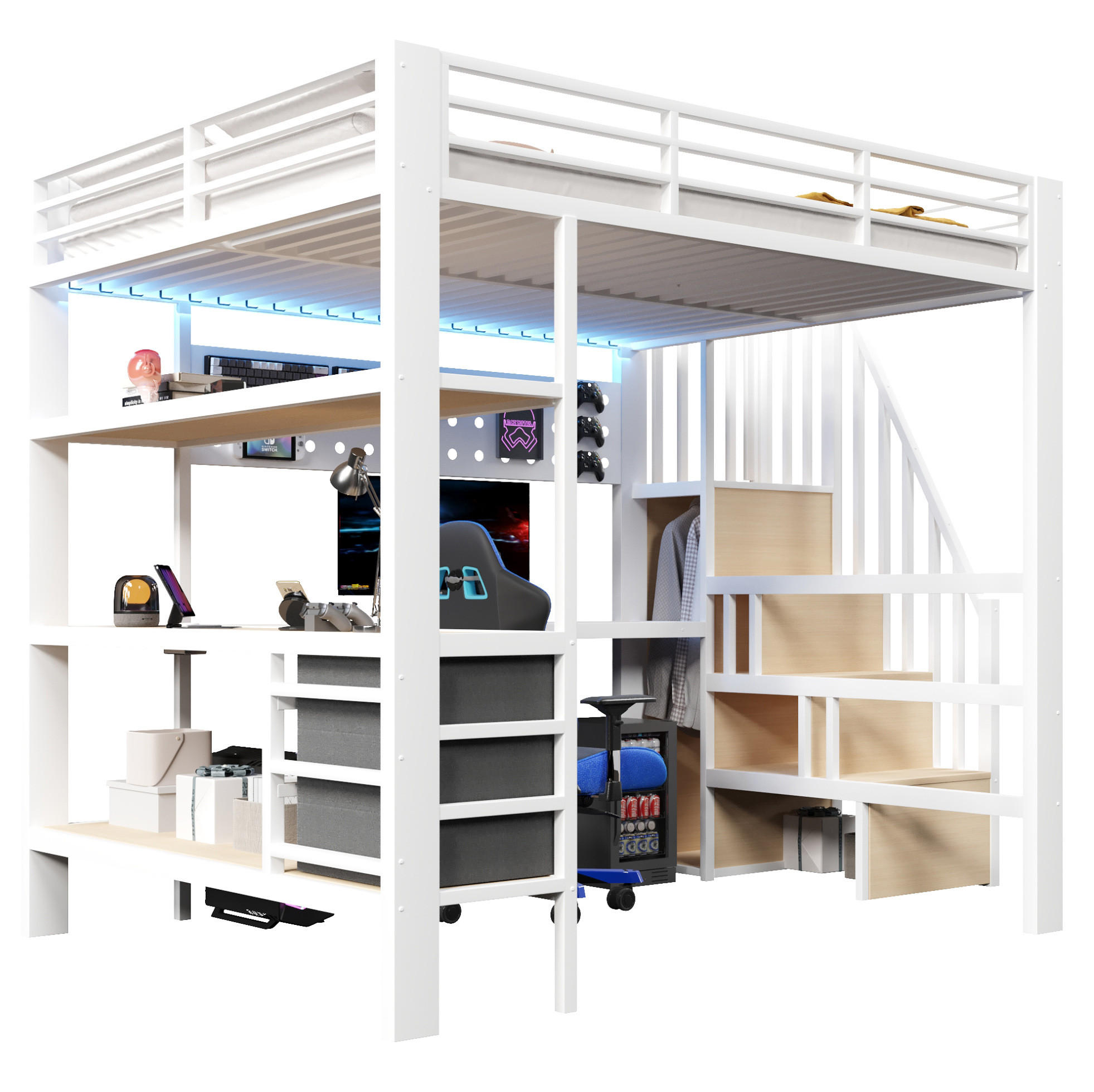 HOCHBETT 140/200 cm aus Metall und MDF mit Schreibtisch, Stauraumtreppe und LED-Beleuchtung Weiß - Weiß, Holzwerkstoff (140/200cm) - Modenvie