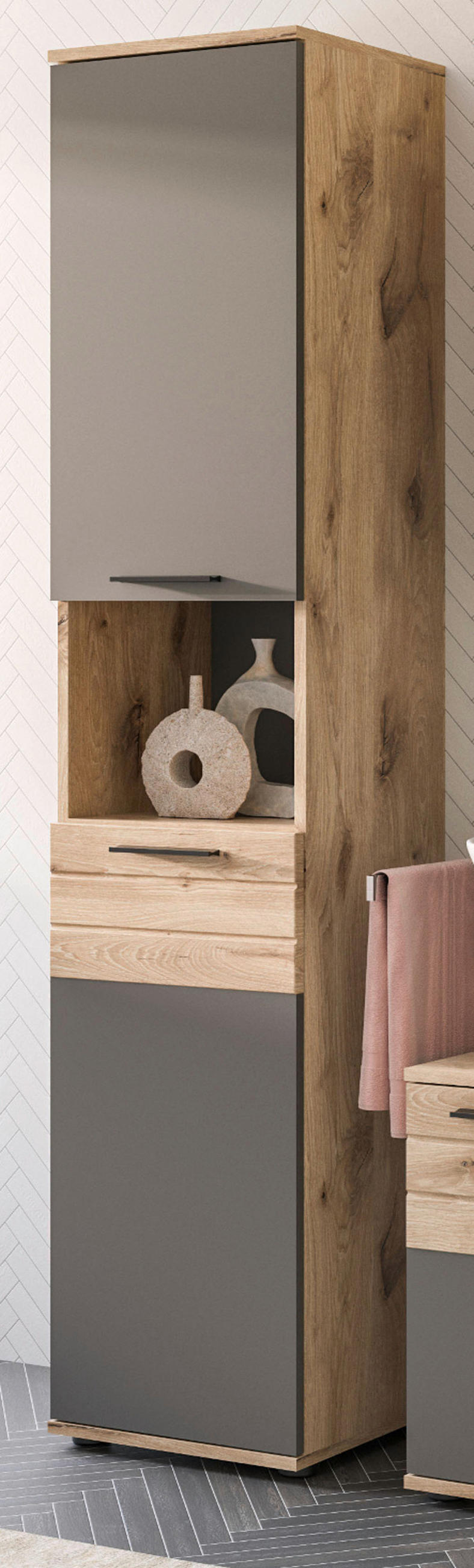 HOCHSCHRANK Eiche, grau 37 cm Badschrank mit Soft-Close, Badezimmereinrichtung - Eichefarben/Schwarz, Holzwerkstoff/Kunststoff (37/190/34cm) - Inn.Furn