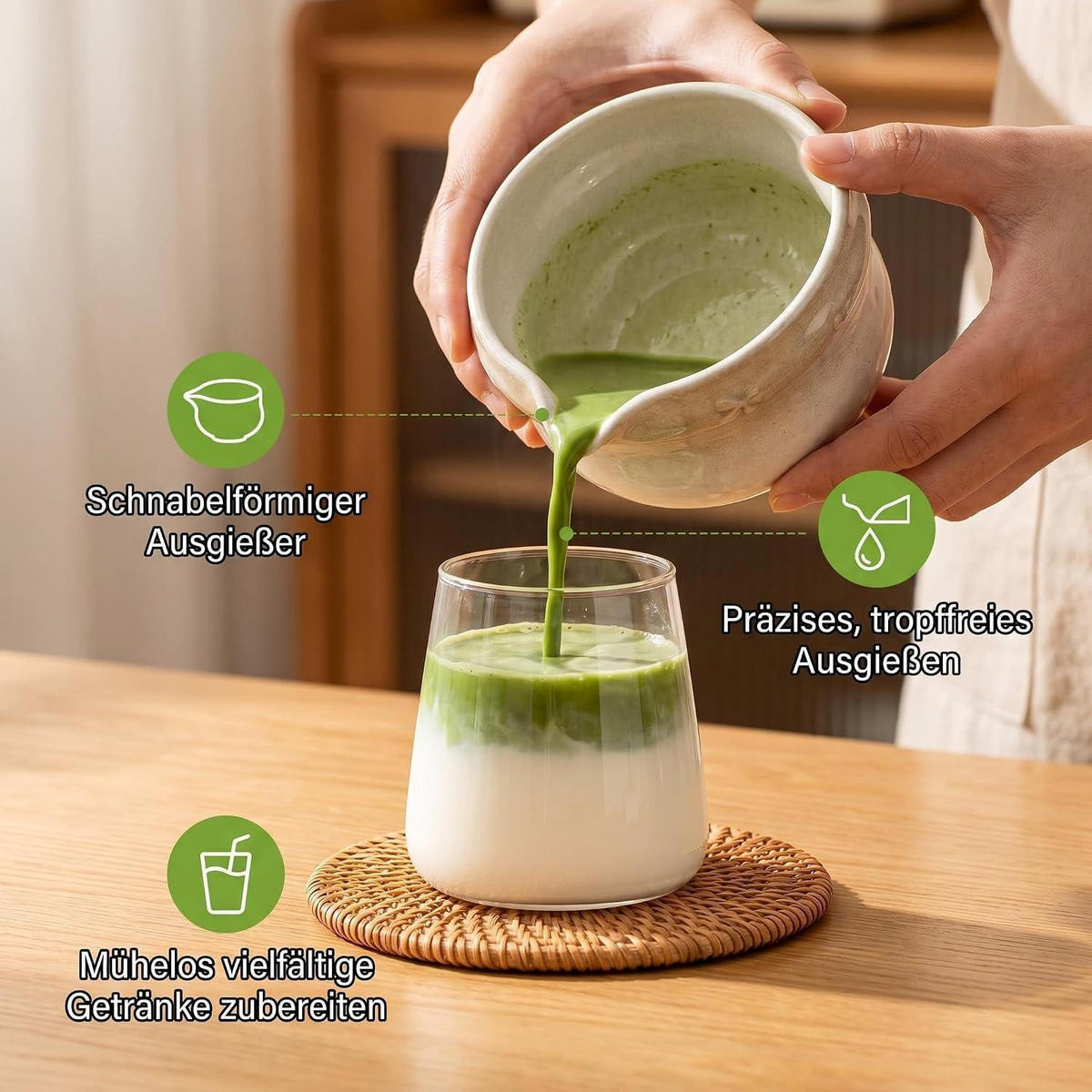 MATCHA Set 8-teilig Keramikschale Bambusbesen Halter Löffel Sieb Tuch Weiß - Weiß, Keramik (16/12/30cm)
