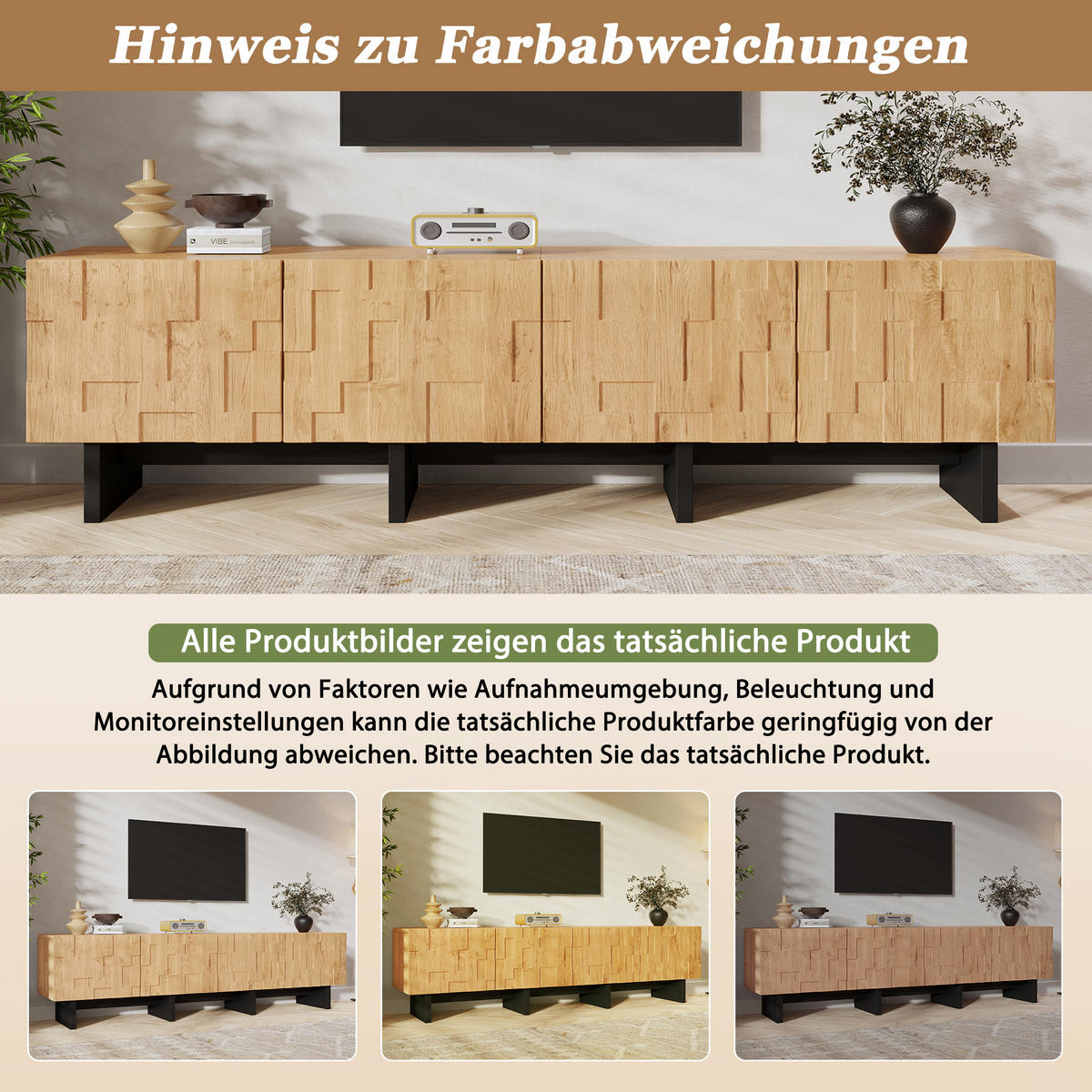 TV-BÄNK Naturträoptik 180 cm för 75 tums TV med 4 våffelmönstrade dörrar - Naturfärgad, Träbaserade material (180/45/38.5cm) - Urban Meuble