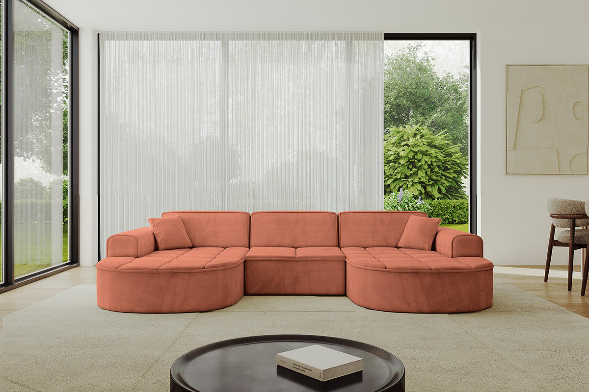 WOHNLANDSCHAFT TARO-U1 - 303x171x79,5 cm Apricot - Koralle, Holzwerkstoff/Textil (303/79.5/171cm) - ALTDECOR